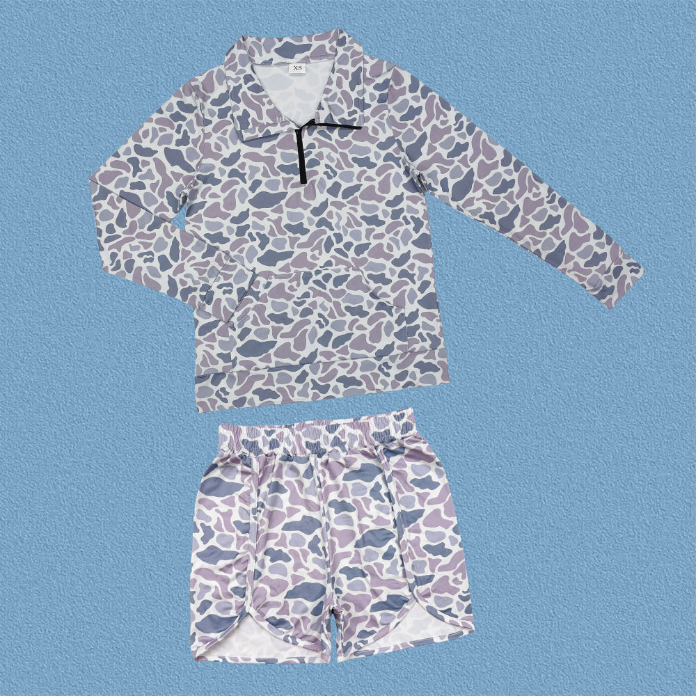 Adult Women Hunitng Camo Long Sleeve Zipper Pullover Top With Shorts Outfit