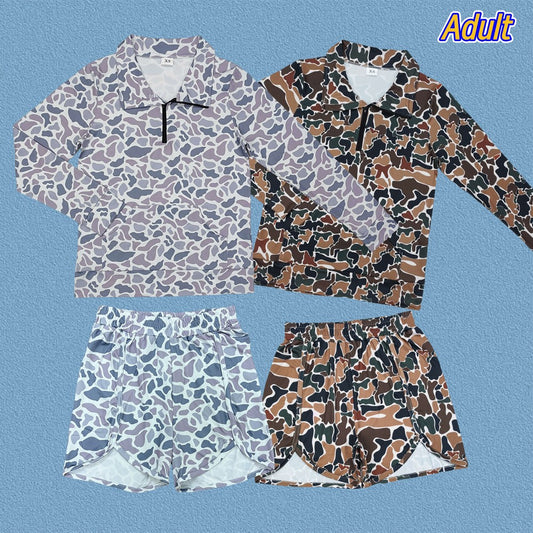 Adult Women Hunitng Camo Long Sleeve Zipper Pullover Top With Shorts Outfit
